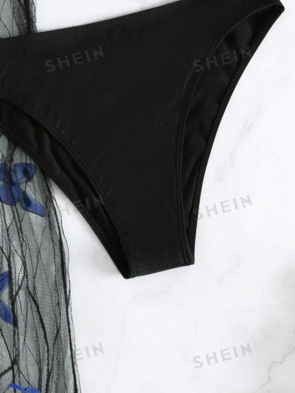 3 piezas bañador bikini unicolor con cover up de malla con aplique - Imagen 3