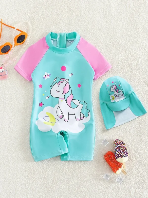 Traje De Baño De Una Pieza Con Manga Raglán Gráfica De Caricatura Para Niña Bebé Y Gorro De Natación