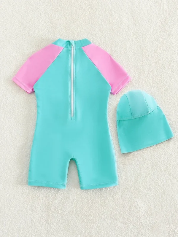 Traje De Baño De Una Pieza Con Manga Raglán Gráfica De Caricatura Para Niña Bebé Y Gorro De Natación - Imagen 2