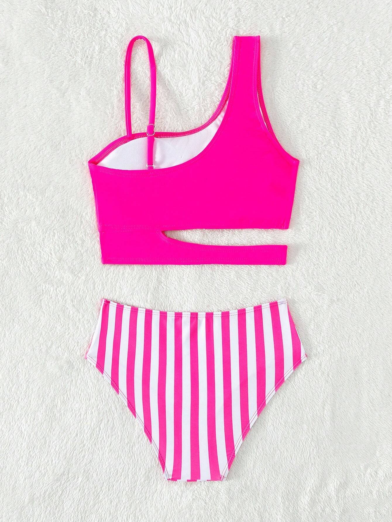Bikini De Rayas Para Niñas Adolescentes Con Cuello Asimétrico Y Recortado - Imagen 3