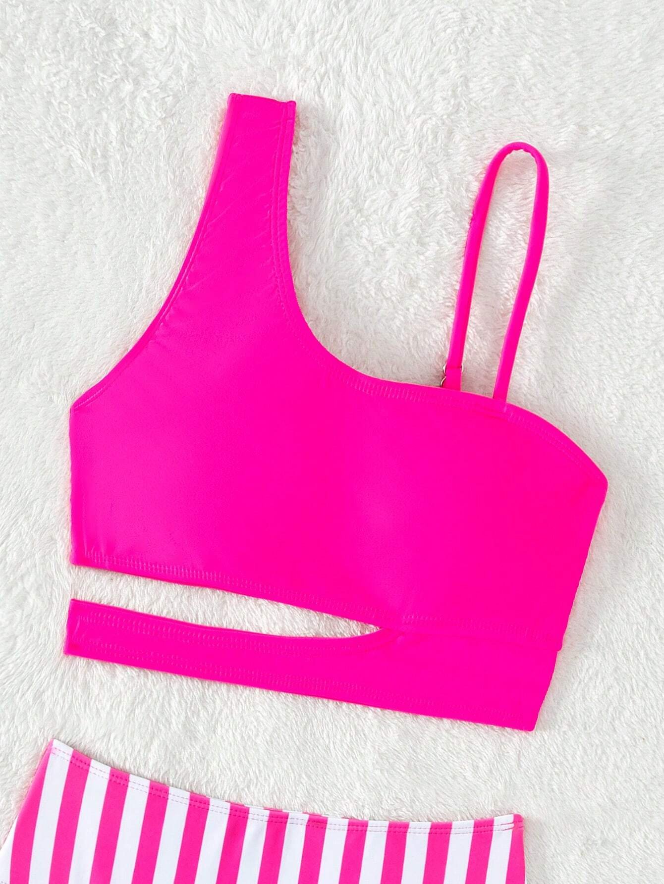 Bikini De Rayas Para Niñas Adolescentes Con Cuello Asimétrico Y Recortado - Imagen 2
