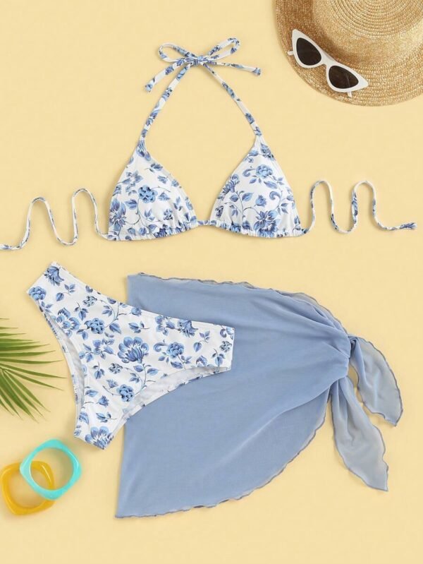 Bañador bikini triángulo con estampado floral con falda de playa