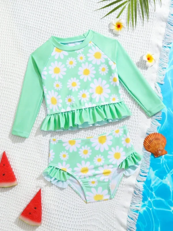 Traje De Baño De Bikini De Manga Raglán Para Bebé Con Cuello Alto