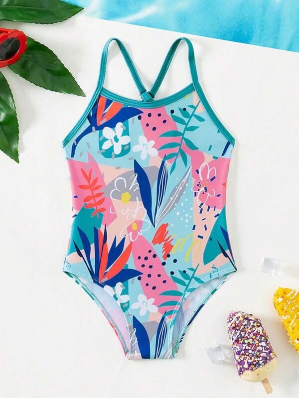 Traje De Baño De Una Pieza Para Bebé Niña Con Estampado Floral Y De Plantas