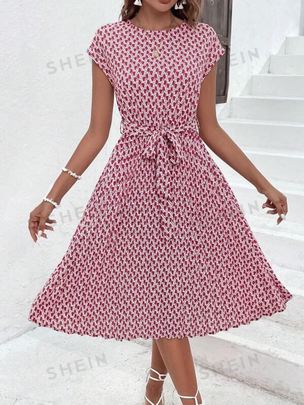 Vestido con cinturón con estampado de manga murciélago