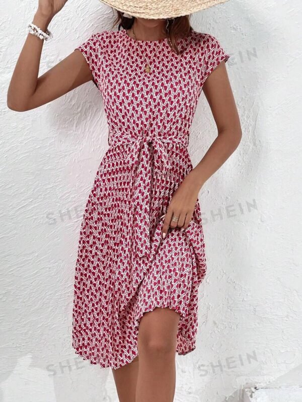 Vestido con cinturón con estampado de manga murciélago - Imagen 3