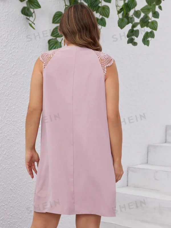 Vestido De Hombro De Talla Grande Para Vacaciones Con Ribete De Encaje - Imagen 2