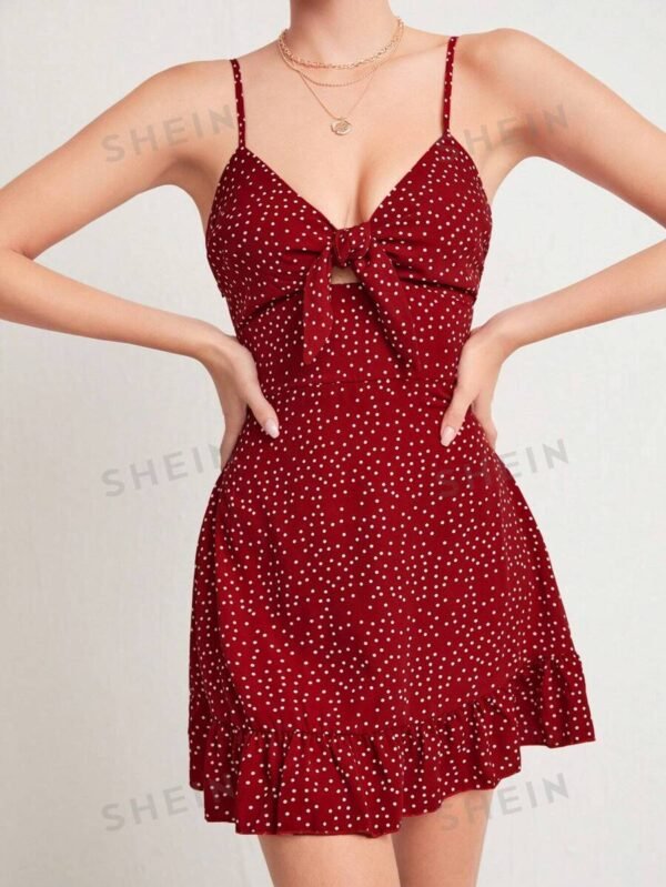 Vestido de tirantes con nudo de lunares bajo con fruncido - Imagen 3