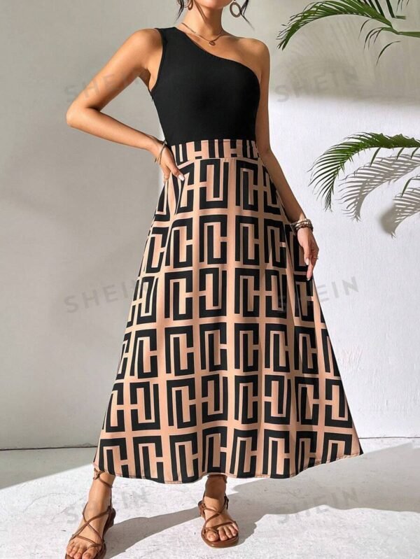 Vestido Bodycon De Un Hombro Con Diseño Geométrico Y Bloques De Colores
