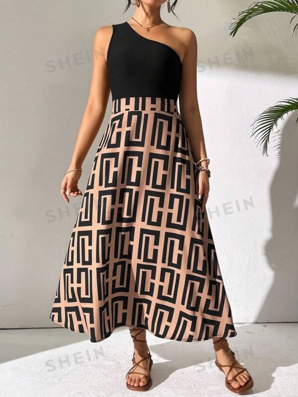 Vestido Bodycon De Un Hombro Con Diseño Geométrico Y Bloques De Colores - Imagen 3