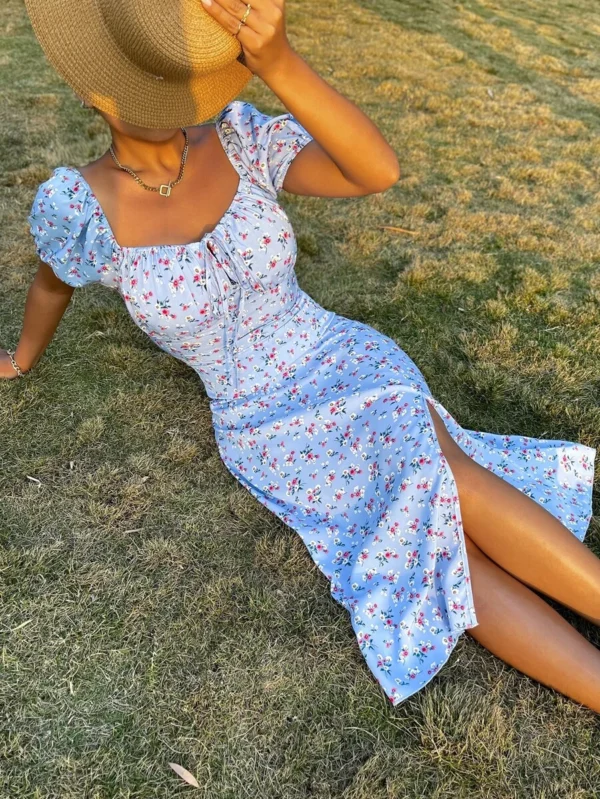 Vestido floral escote corazón con cordón delantero de muslo con abertura - Imagen 3