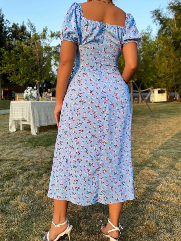 Vestido floral escote corazón con cordón delantero de muslo con abertura - Imagen 2