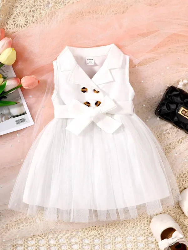 Vestido De Niña Pequeña Con Doble Botón, Cinturón Y Dobladillo De Malla