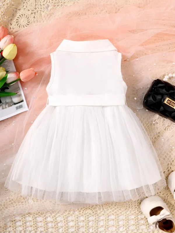 Vestido De Niña Pequeña Con Doble Botón, Cinturón Y Dobladillo De Malla - Imagen 2