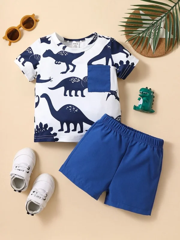 Bebé niño Shorts con camiseta con estampado de dinosaurio con parche con bolsillo