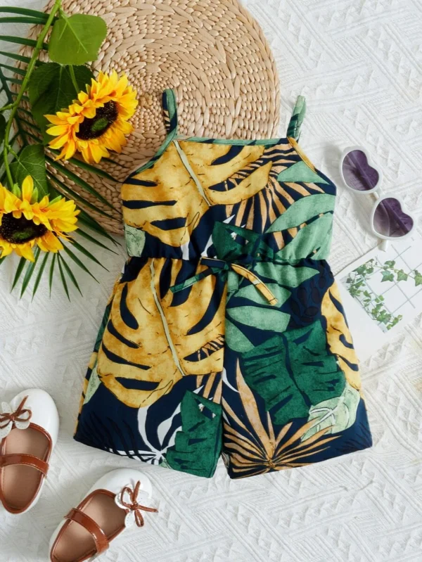 Enterizo De Tirantes Para Bebé Niña Con Estampado Tropical Y Lazo En El Frente