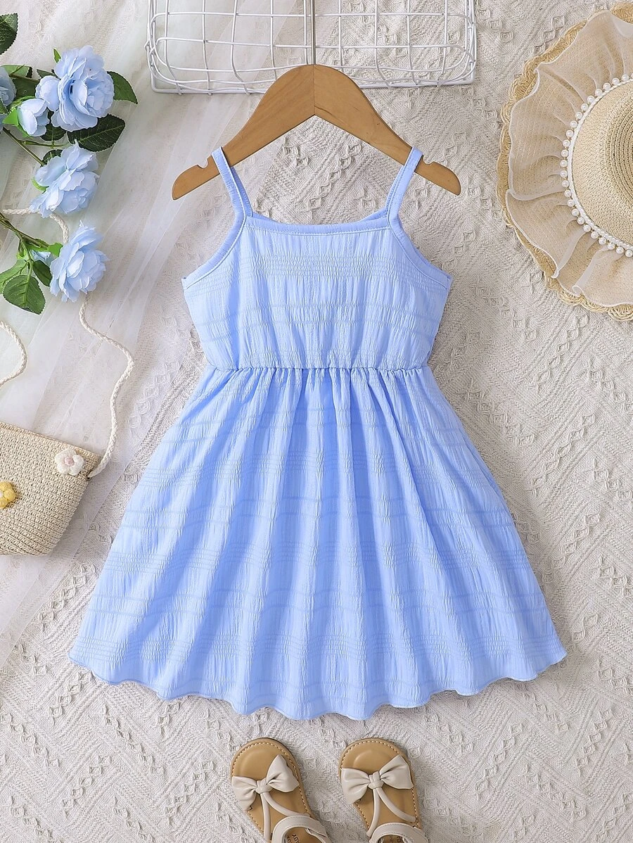 Vestido de tirantes finos con cuello en V estilo primavera azul para niña joven con borde enrollado - Imagen 2