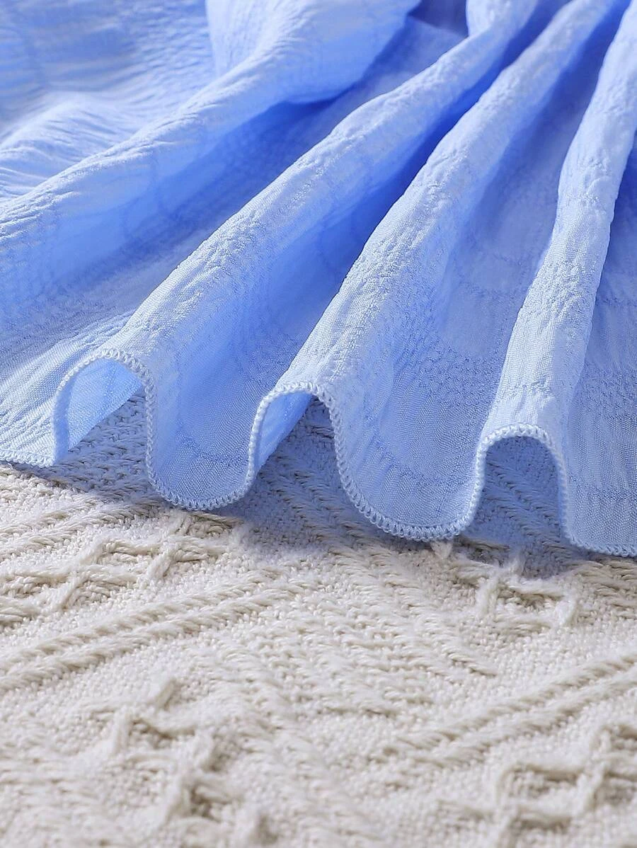 Vestido de tirantes finos con cuello en V estilo primavera azul para niña joven con borde enrollado - Imagen 3