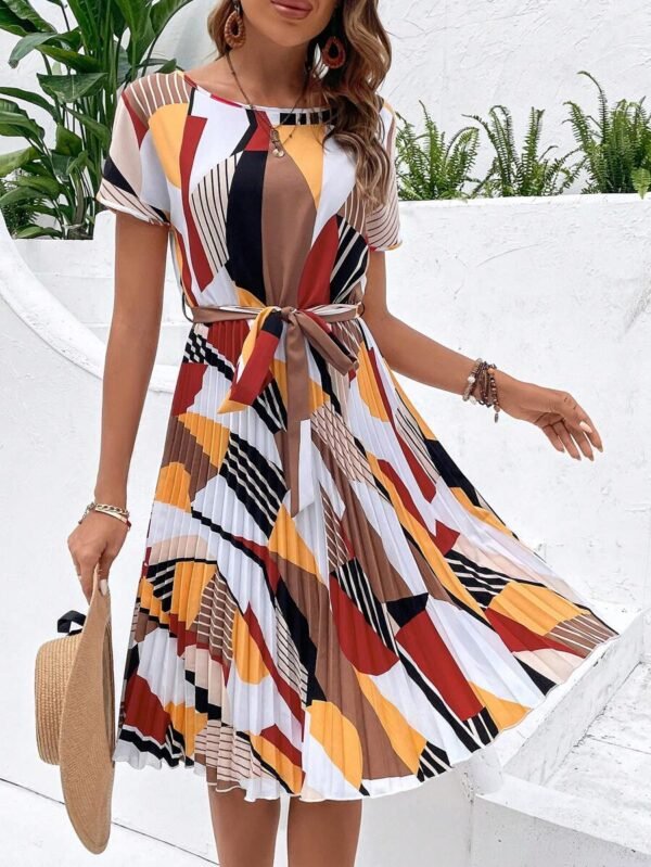 Vestido con cinturón con estampado geométrico bajo fruncido - Imagen 3