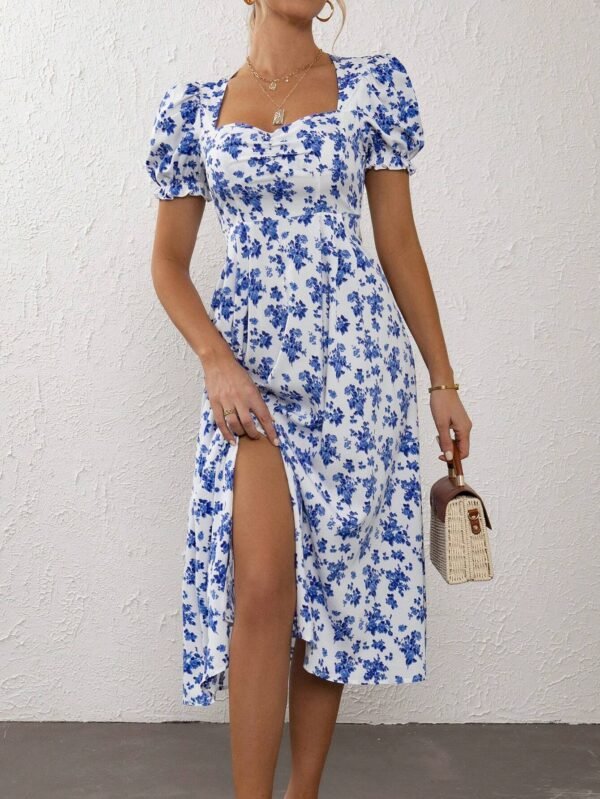 Vestido con estampado floral de manga farol de muslo con abertura - Imagen 4