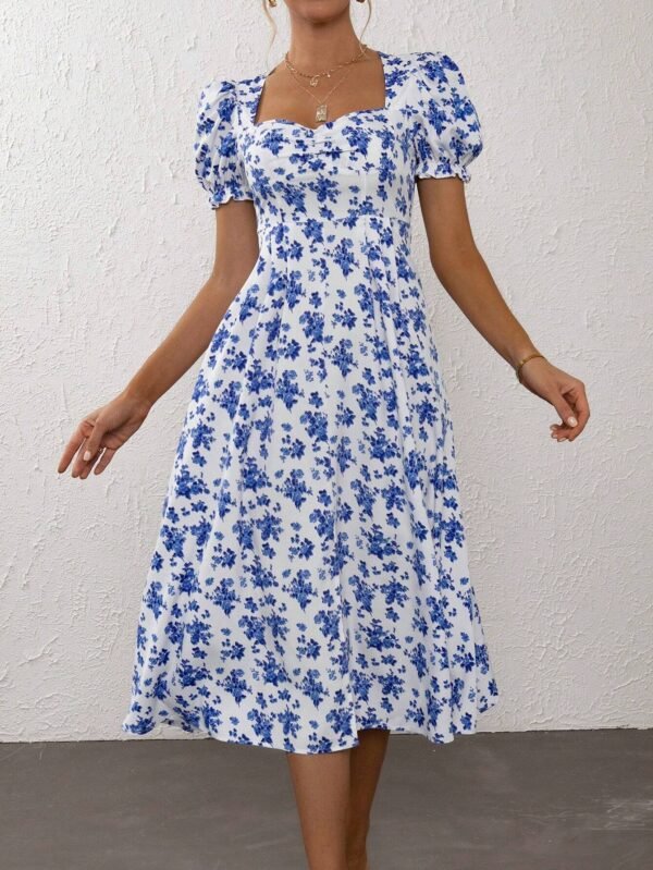 Vestido con estampado floral de manga farol de muslo con abertura