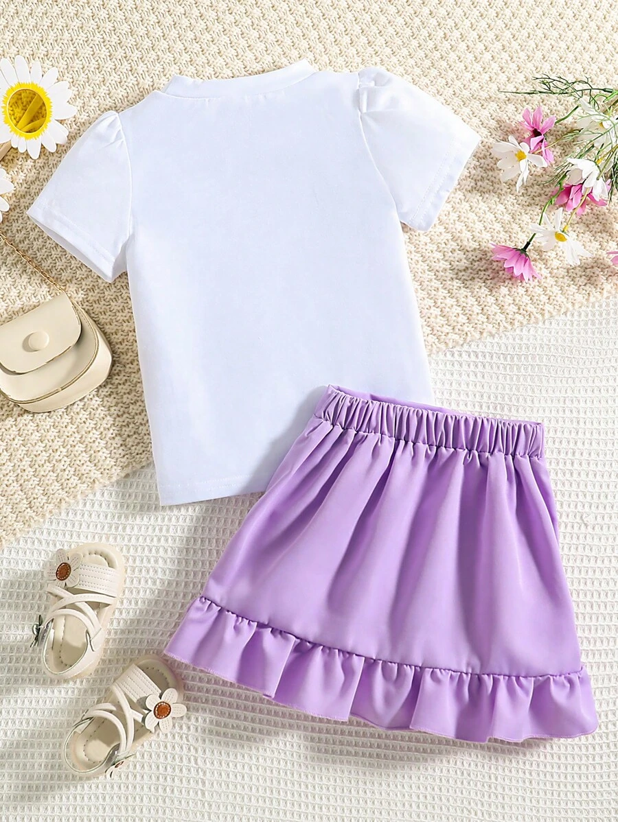 Camiseta Gráfica Floral Y Con Letras Y Falda De Volantes Para Niña Joven - Imagen 2