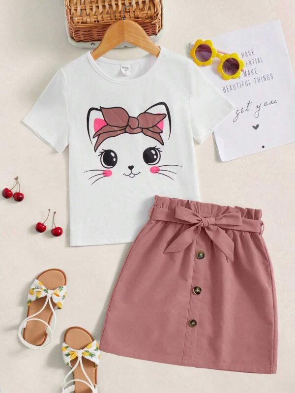 Chica preadolescente con estampado de dibujos animados Camiseta & de cintura con volante con cinturón Falda