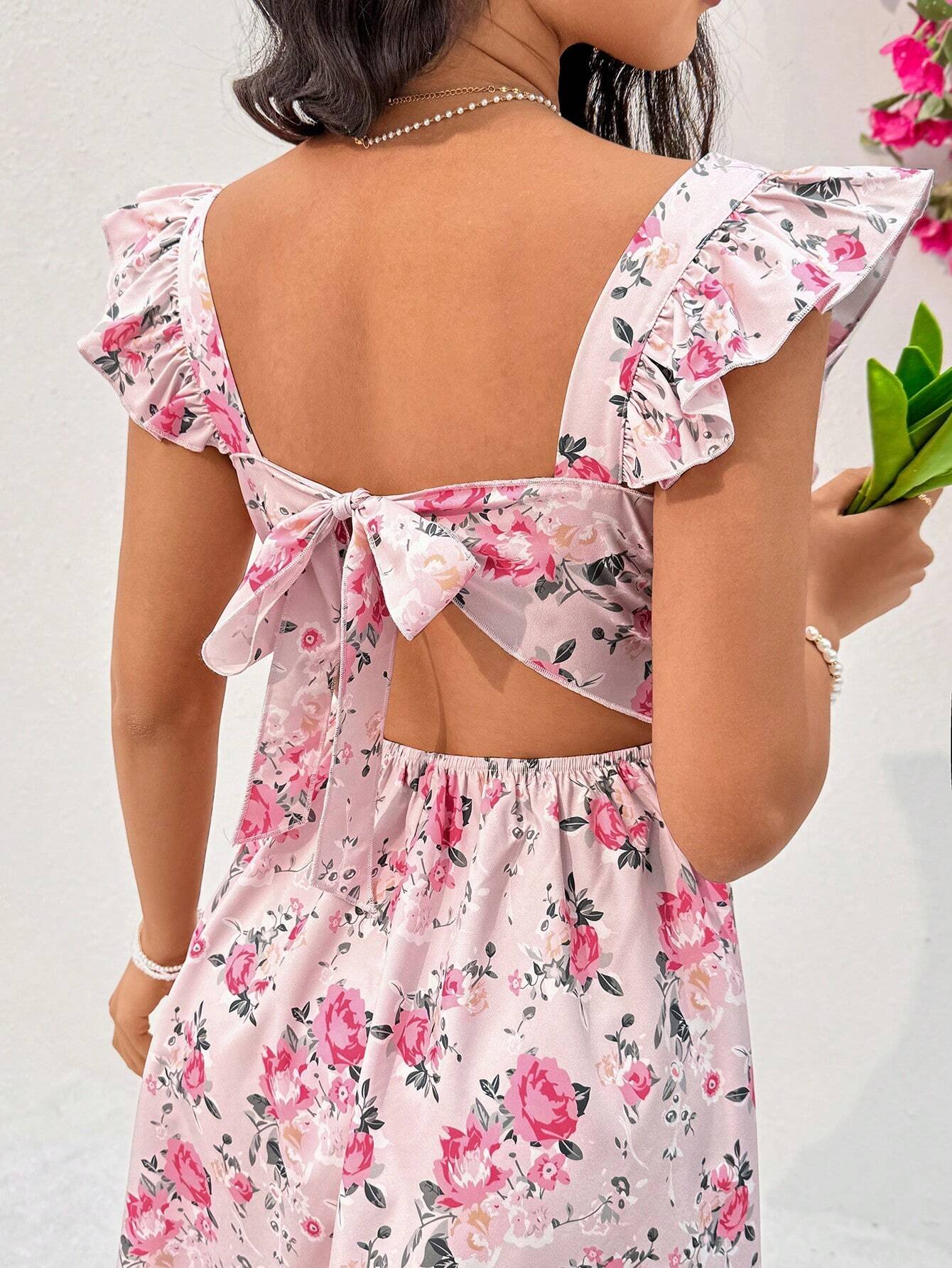 Vestido De Manga Voladora Corta Con Estampado Floral - Imagen 3