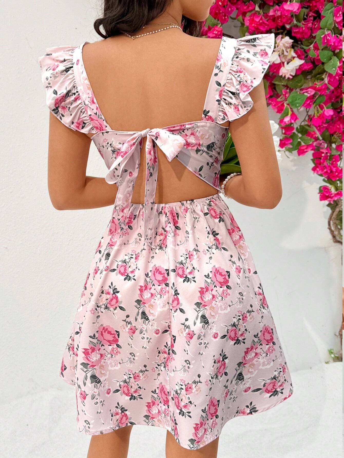 Vestido De Manga Voladora Corta Con Estampado Floral - Imagen 4