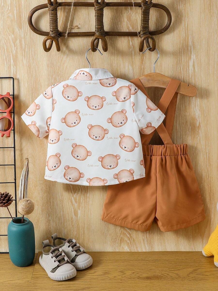 Conjunto De Camisa Con Cuello Vuelto Impreso Y Pantalones Cortos Con Tirantes Estilo Británico - Imagen 2