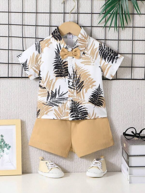 Conjunto Casual De 2 Piezas Para Bebés Niños Consistente En Camisa Hawaiana Con Estampado De Hojas