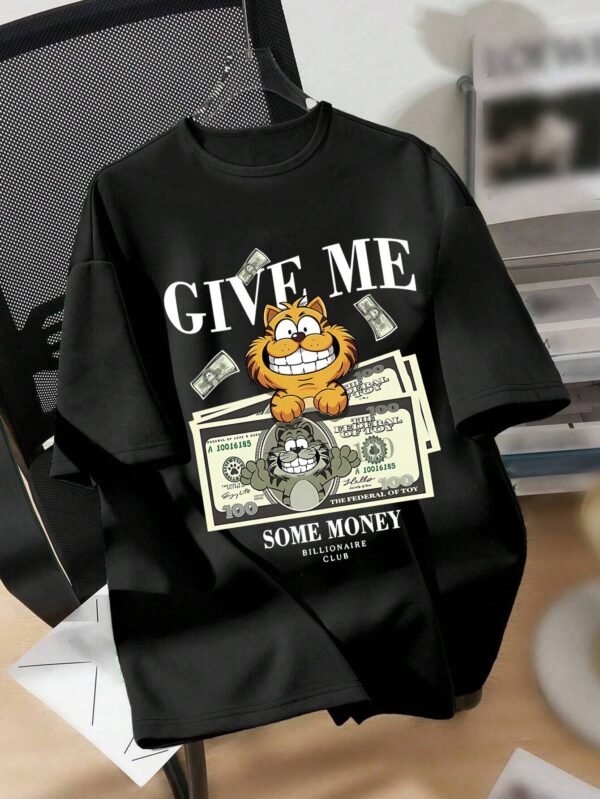 Camiseta Casual Y Elegante Para Niños Mayores Con Patrón Impreso De Gato Y Dinero