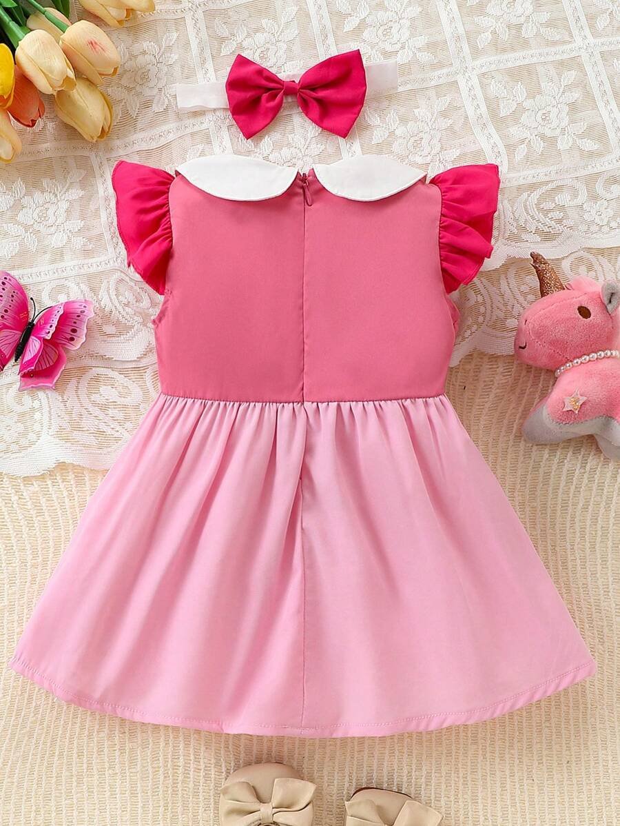 Vestido De Manga Corta Con Bloque De Color Lindo Para Niñas - Imagen 2