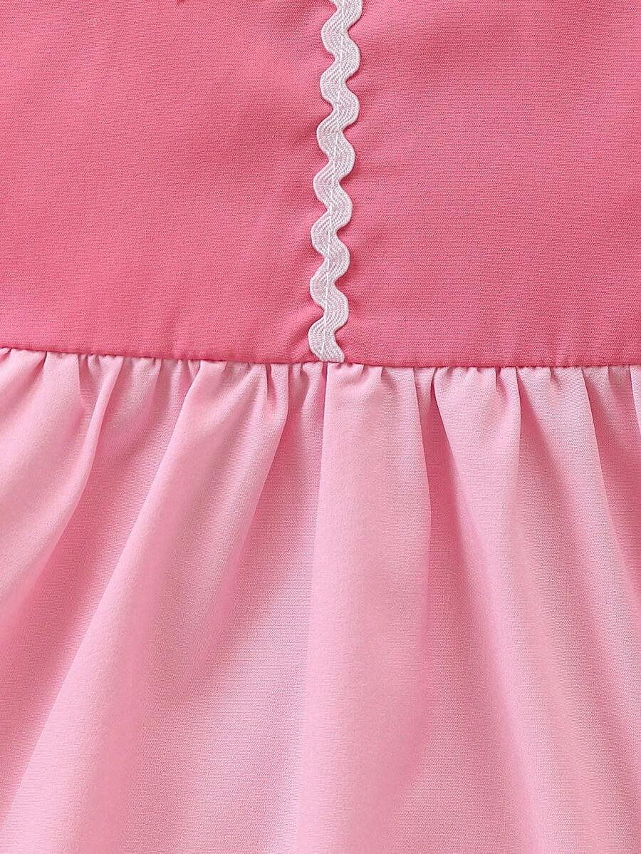 Vestido De Manga Corta Con Bloque De Color Lindo Para Niñas - Imagen 3