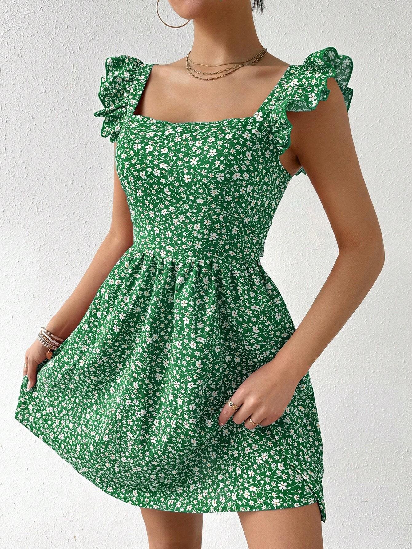 Vestido casual de flores mini al azar para vacaciones con dobladillo de volantes - Imagen 3