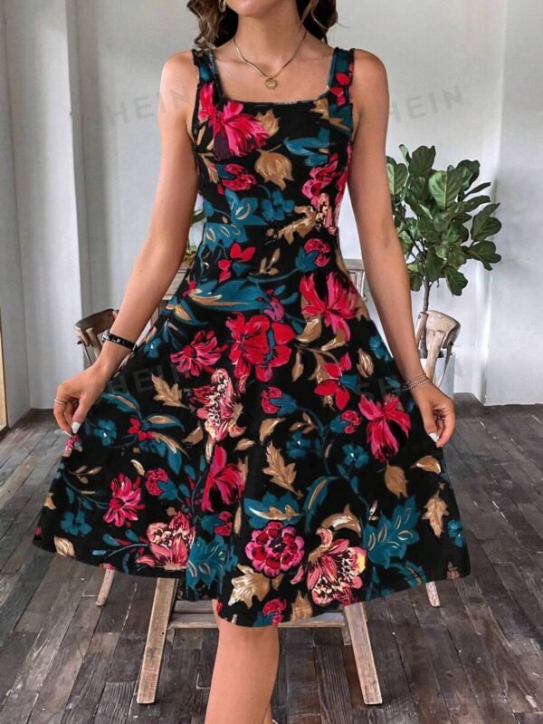 Vestido de primavera para mujer con cuello cuadrado y corte en A con estampado floral