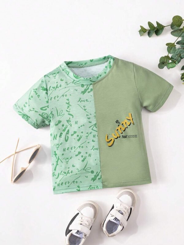 Camiseta De Manga Corta Con Bloques De Color Y Estampado De Alfabeto