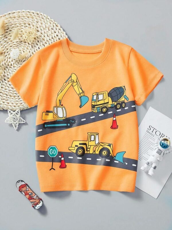 Camiseta de manga corta impresa con dibujo animado de excavadora para niño pequeño