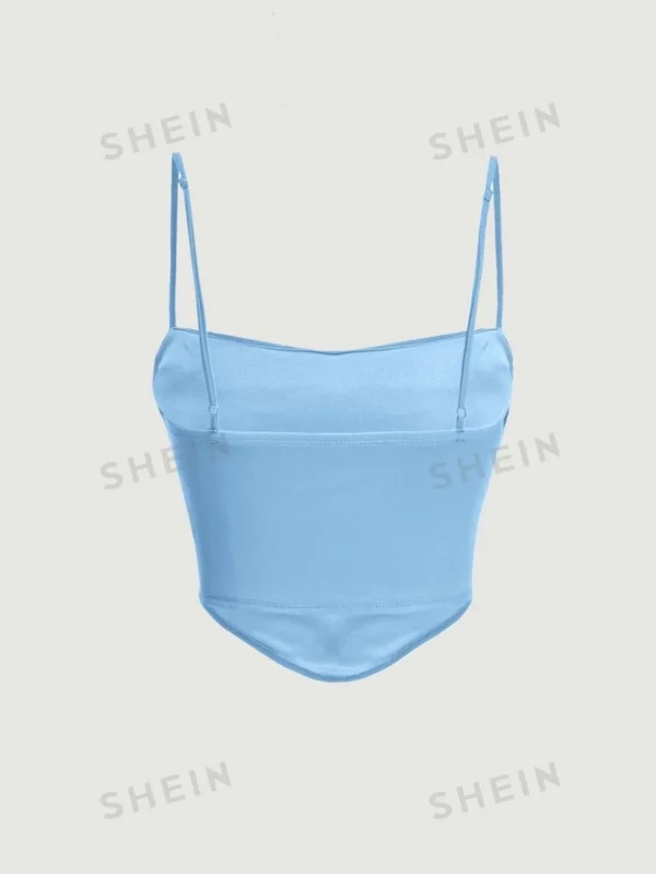 Camiseta Azul Con Tirantes De Verano, Top Sólido Con Dobleces Y Dobladillo Asimétrico - Imagen 2