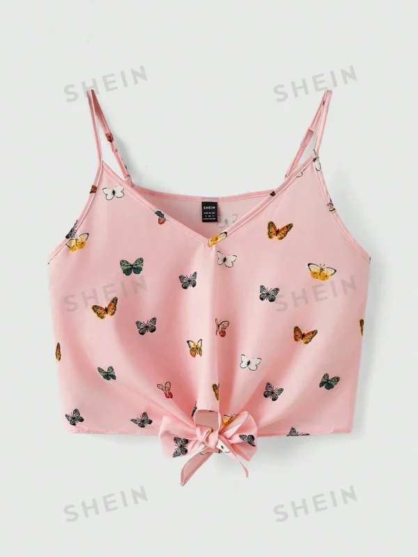 Top de tirantes corto con estampado de mariposa con nudo delantero