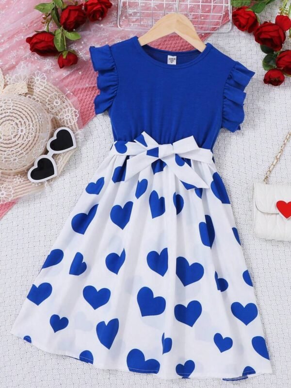 Vestido Con Estampado De Corazones Y Mangas Con Volantes Para Chicas