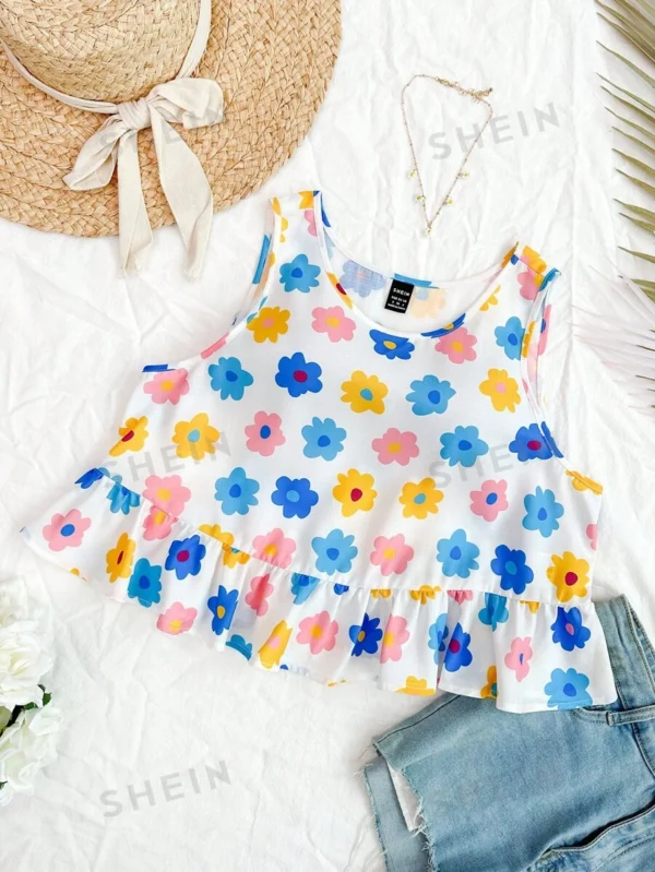 Blusa De Tirantes Con Dobladillo De Volantes Estampado Con Flores