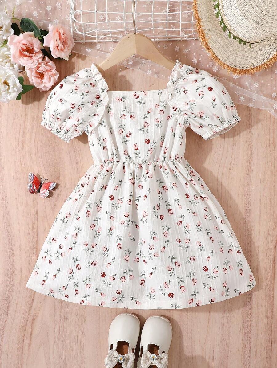 Vestido floral para niña joven, nueva colección, diseño francés con escote cuadrado y mangas cortas - Imagen 2