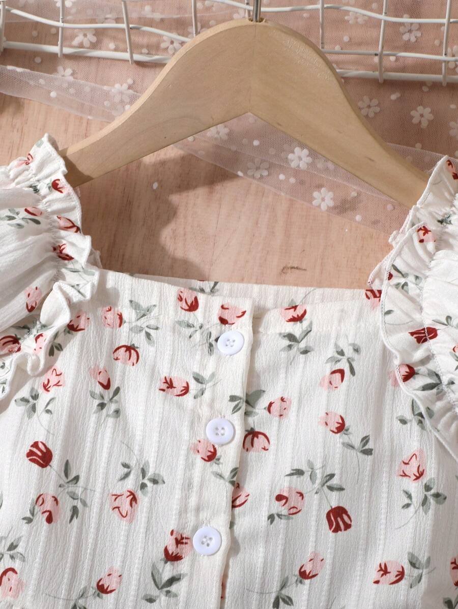 Vestido floral para niña joven, nueva colección, diseño francés con escote cuadrado y mangas cortas - Imagen 3