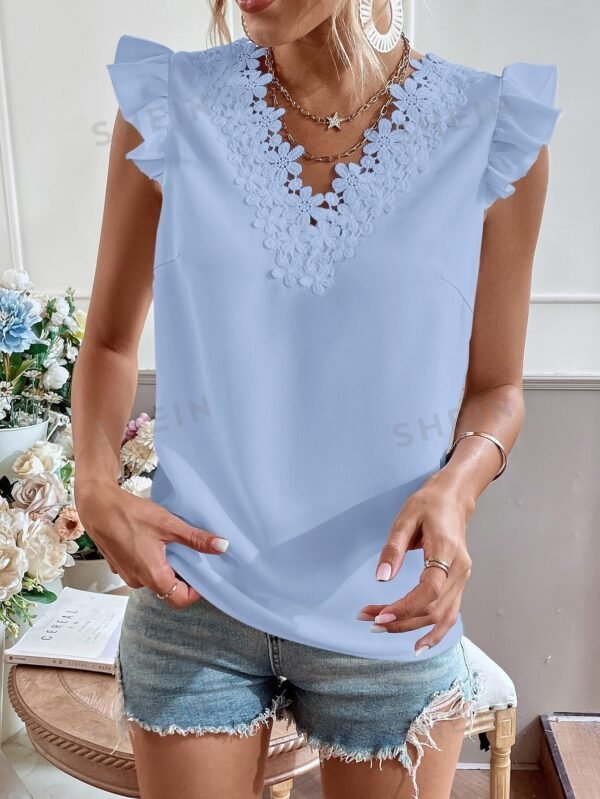 Blusa ribete con encaje de manga casquillo - Imagen 2