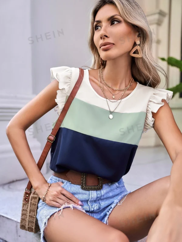 Blusa de color combinado ribete con fruncido