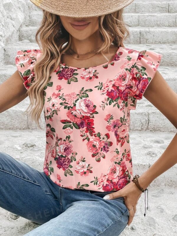 Blusa con estampado floral ribete con fruncido