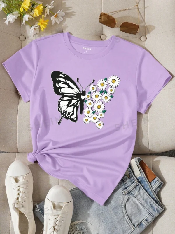 Camiseta Para Mujer Estampada Con Mariposas Y Margaritas