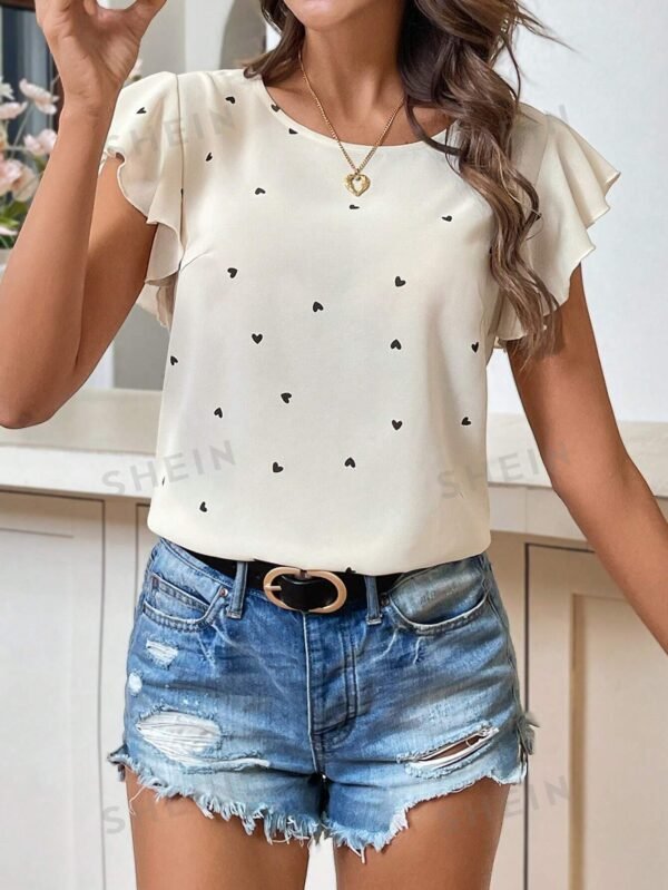 Blusa Con Manga De Volantes Impresa Con Patrón En Corazones - Imagen 2