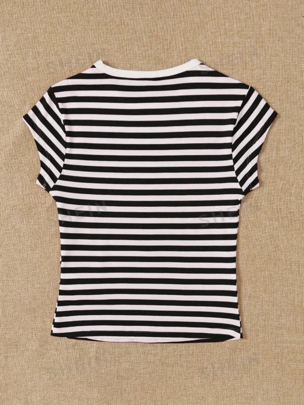 Camiseta De Mujer Con Cuello Redondo Y Rayas De Bloques De Color - Imagen 3